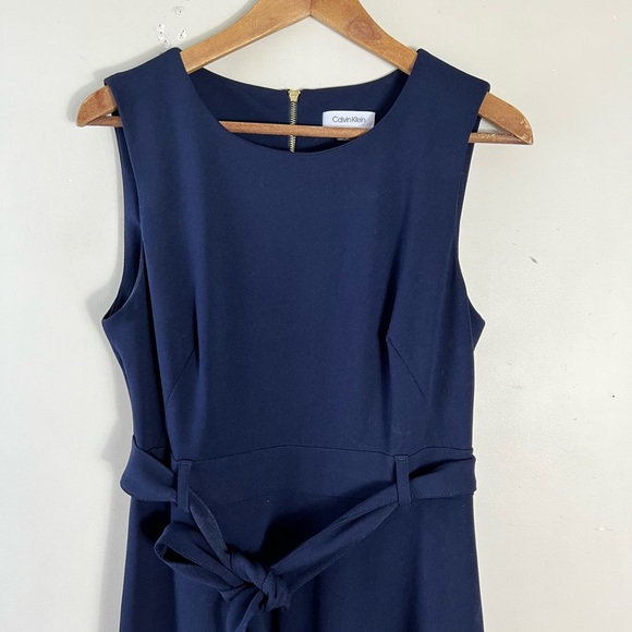 Calvin Klein Dark Navy Size 10 Fit & Flare Midi Dress Sleeveless Belted - Picture 7 of 11